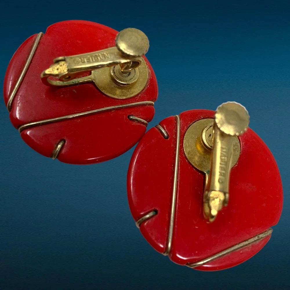 Vintage 1980's Napier Red & Gold Dimensional Button Earrings Clip On Carded